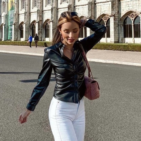 ZARA FAUX LEATHER RUCHED SHIRT BLACK - Picture 1 of 12